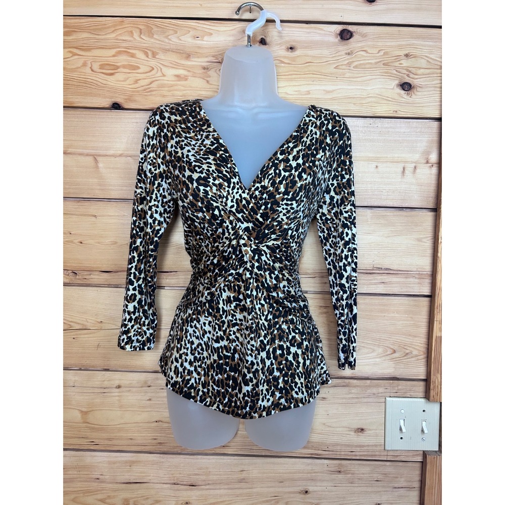 Leopard Print Twist Front V-Neck Top Brown Tan Black 3/4 Sleeve Vintage‎ Small